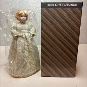 Avon Porcelain Doll in Cream Lace Gown with Blonde Hair